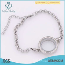 Fashion stainless steel crystal silver pearl chain link floating locket bracelet jewelry